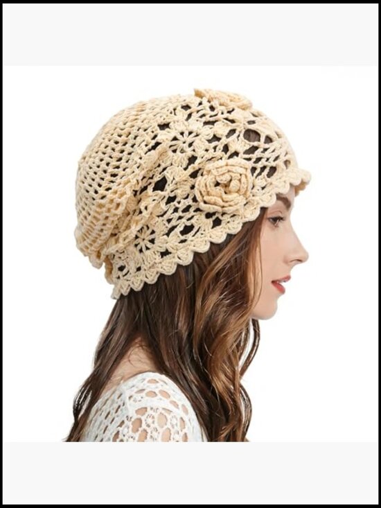 Handmade Cotton Crochet Beanie Slouchy Skull Hat with Floral Motif main image 5